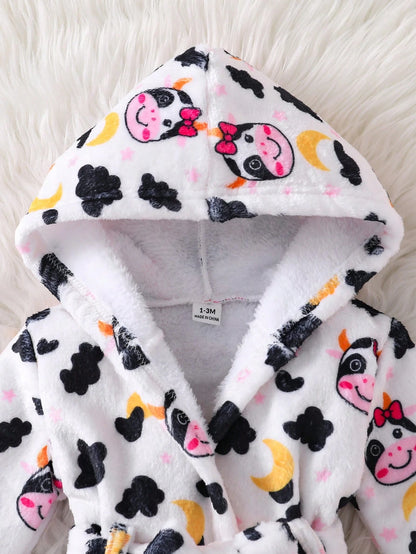 Playful Pals Newborn Baby Cow Print Hooded Coral Fleece Bathrobe, Unisex Infant Cute All-Over Print Tie Waist Plush Absorbent Home Sleepwear