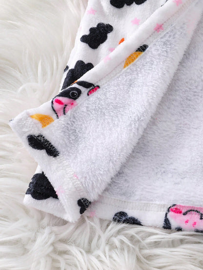 Playful Pals Newborn Baby Cow Print Hooded Coral Fleece Bathrobe, Unisex Infant Cute All-Over Print Tie Waist Plush Absorbent Home Sleepwear