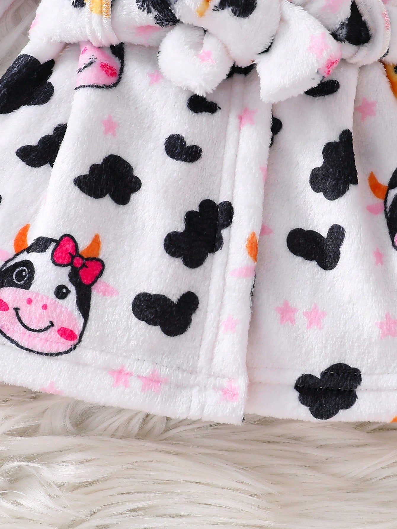 Playful Pals Newborn Baby Cow Print Hooded Coral Fleece Bathrobe, Unisex Infant Cute All-Over Print Tie Waist Plush Absorbent Home Sleepwear