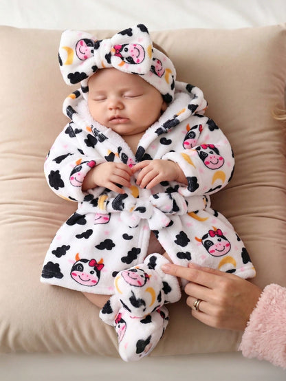 Playful Pals Newborn Baby Cow Print Hooded Coral Fleece Bathrobe, Unisex Infant Cute All-Over Print Tie Waist Plush Absorbent Home Sleepwear