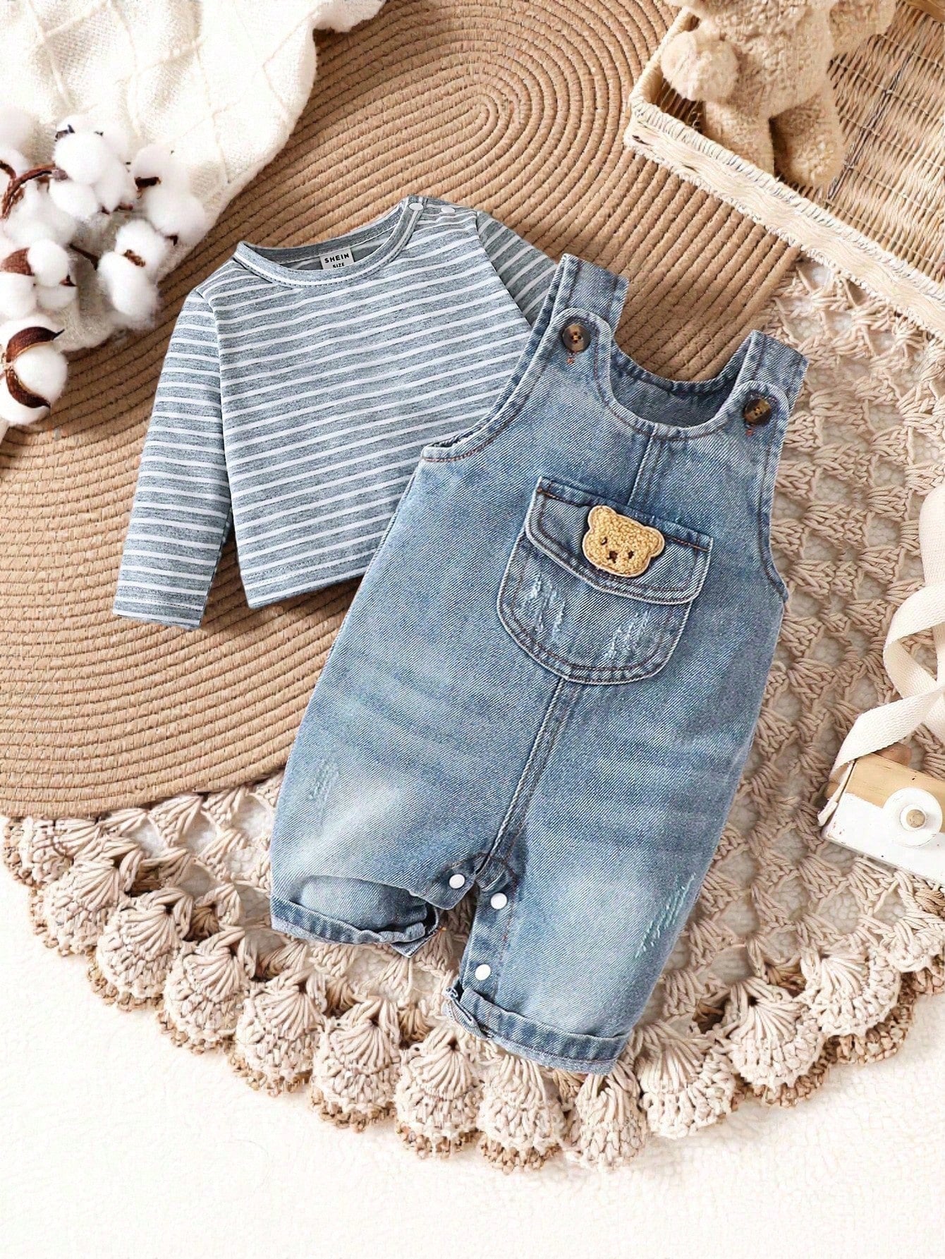 Playful Pals Newborn Baby Striped Long Sleeve Top & Bear Graphic Denim Jumpsuit Set