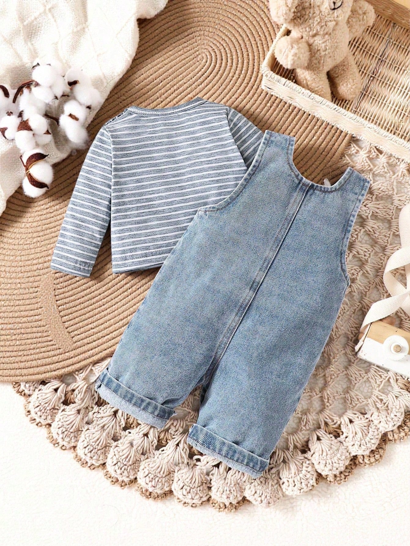Playful Pals Newborn Baby Striped Long Sleeve Top & Bear Graphic Denim Jumpsuit Set
