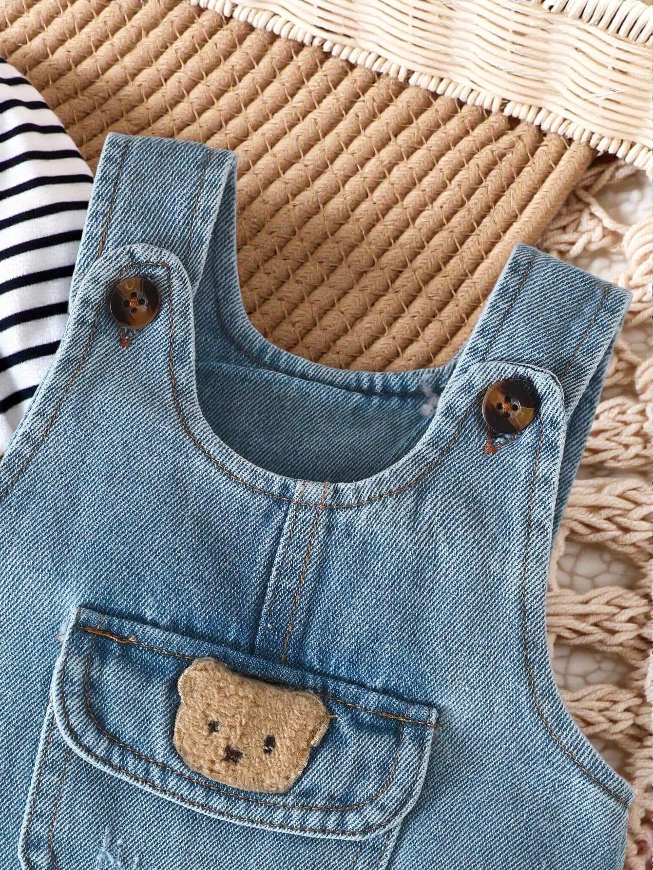 Playful Pals Newborn Baby Striped Long Sleeve Top & Bear Graphic Denim Jumpsuit Set