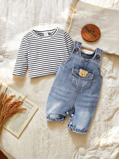 Playful Pals Newborn Baby Striped Long Sleeve Top & Bear Graphic Denim Jumpsuit Set