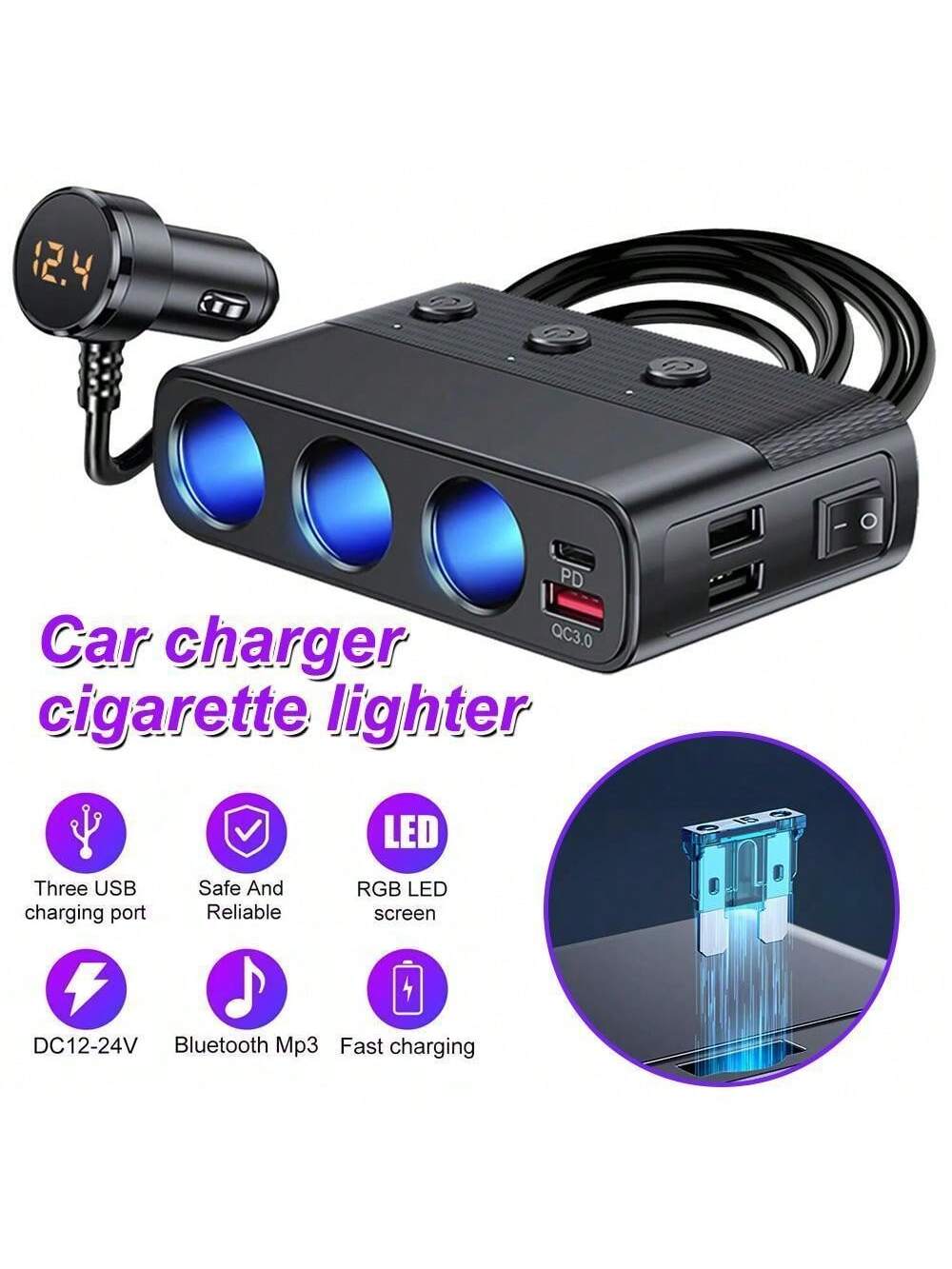 Plug Splitter, 7 In 1 Car Charger Adapter 3 Socket Power 12V/24V, Type-C And QC3.0, 2 USB Charging Ports, Independent Switches, LED Voltage Display, D C Outlet
