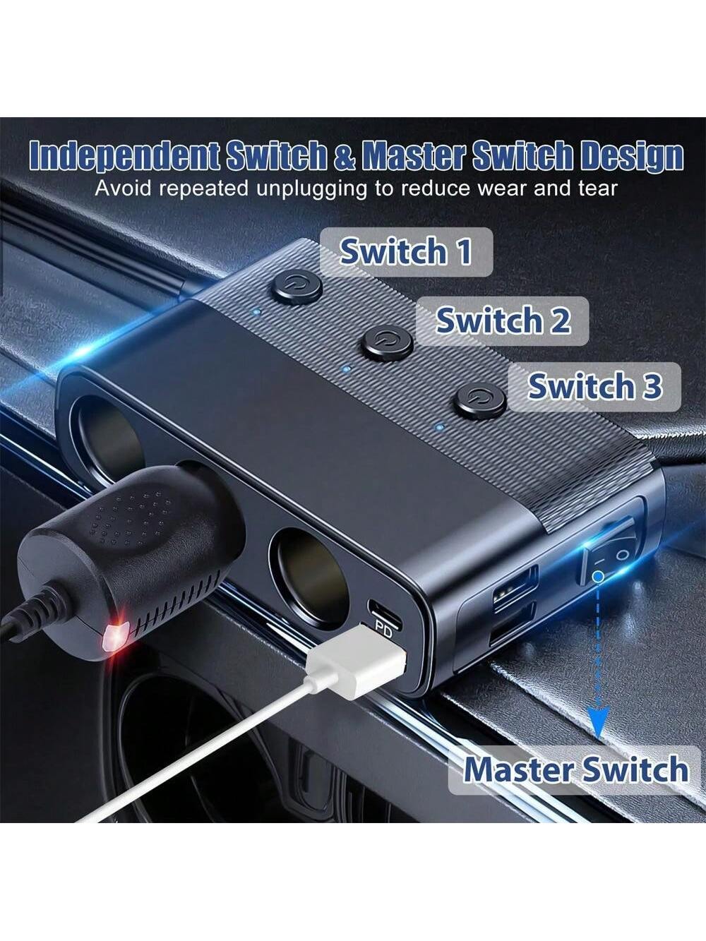 Plug Splitter, 7 In 1 Car Charger Adapter 3 Socket Power 12V/24V, Type-C And QC3.0, 2 USB Charging Ports, Independent Switches, LED Voltage Display, D C Outlet