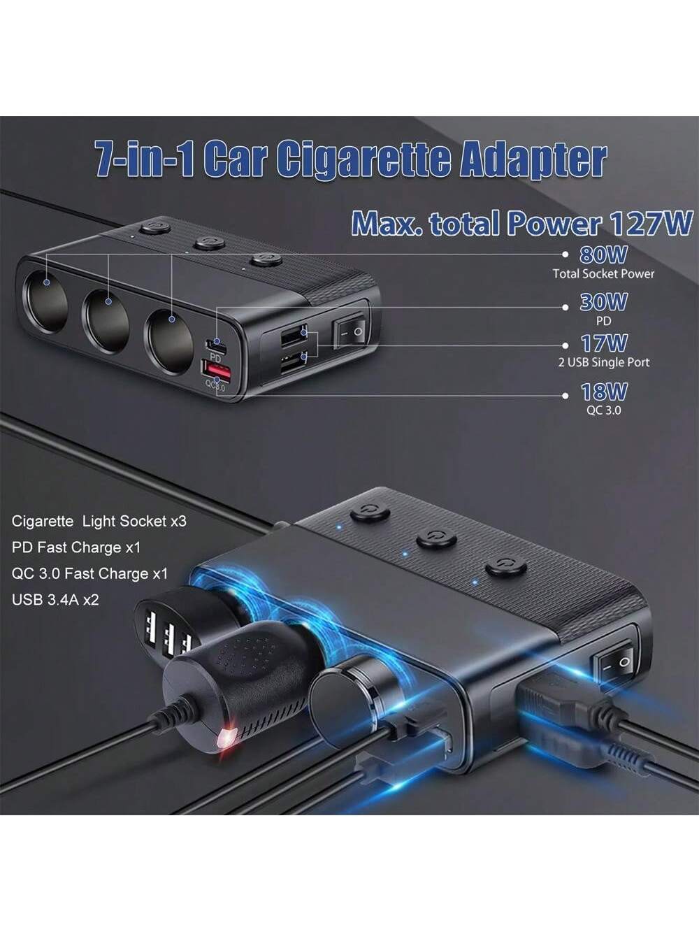 Plug Splitter, 7 In 1 Car Charger Adapter 3 Socket Power 12V/24V, Type-C And QC3.0, 2 USB Charging Ports, Independent Switches, LED Voltage Display, D C Outlet