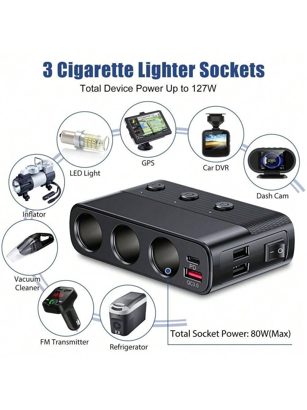 Plug Splitter, 7 In 1 Car Charger Adapter 3 Socket Power 12V/24V, Type-C And QC3.0, 2 USB Charging Ports, Independent Switches, LED Voltage Display, D C Outlet