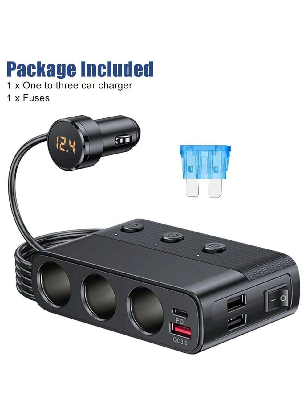 Plug Splitter, 7 In 1 Car Charger Adapter 3 Socket Power 12V/24V, Type-C And QC3.0, 2 USB Charging Ports, Independent Switches, LED Voltage Display, D C Outlet