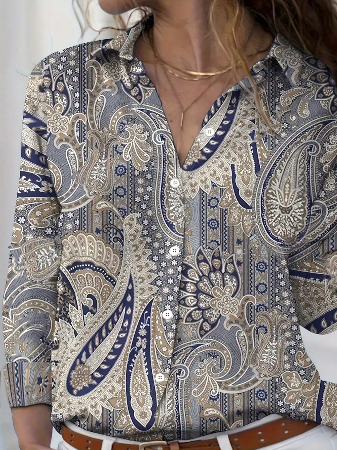 Plus Size Bohemian Paisley Printed Long Sleeve Button-Up Shirt Casual Vacation Spring