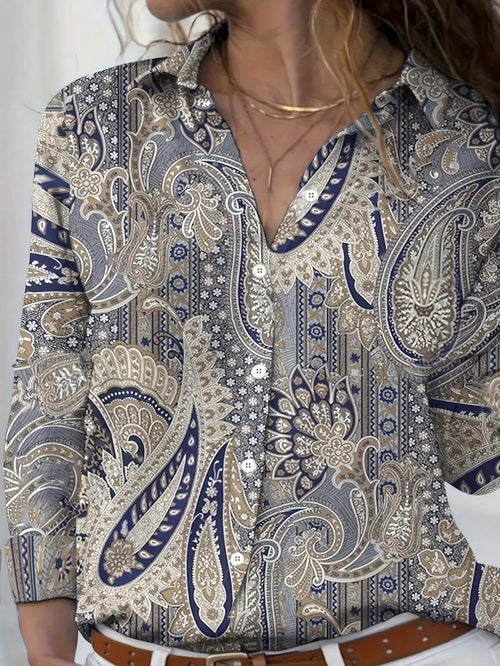 Plus Size Bohemian Paisley Printed Long Sleeve Button-Up Shirt Casual Vacation Spring