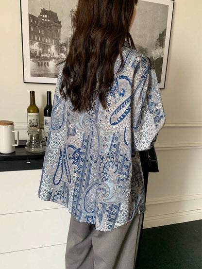 Plus Size Bohemian Paisley Printed Long Sleeve Button-Up Shirt Casual Vacation Spring