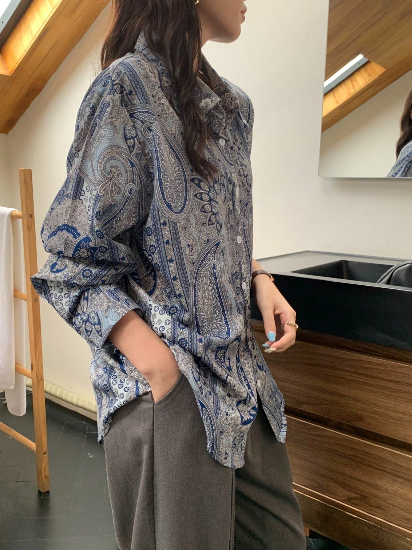 Plus Size Bohemian Paisley Printed Long Sleeve Button-Up Shirt Casual Vacation Spring