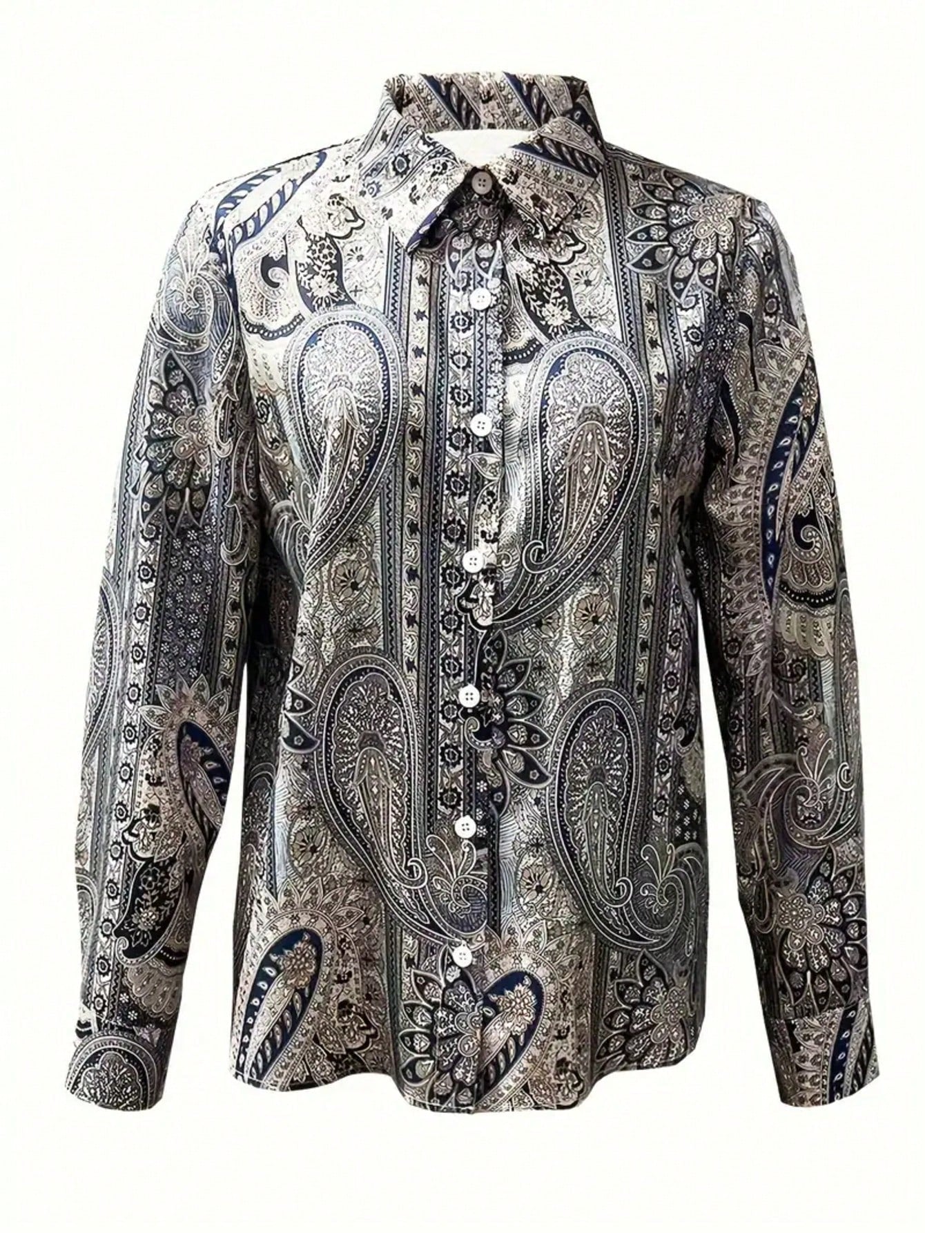 Plus Size Bohemian Paisley Printed Long Sleeve Button-Up Shirt Casual Vacation Spring