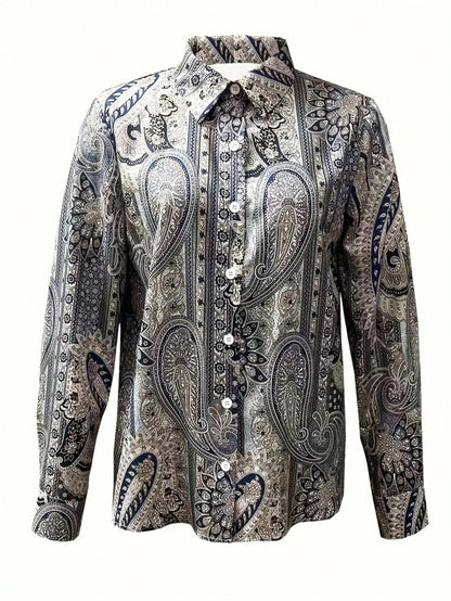 Plus Size Bohemian Paisley Printed Long Sleeve Button-Up Shirt Casual Vacation Spring
