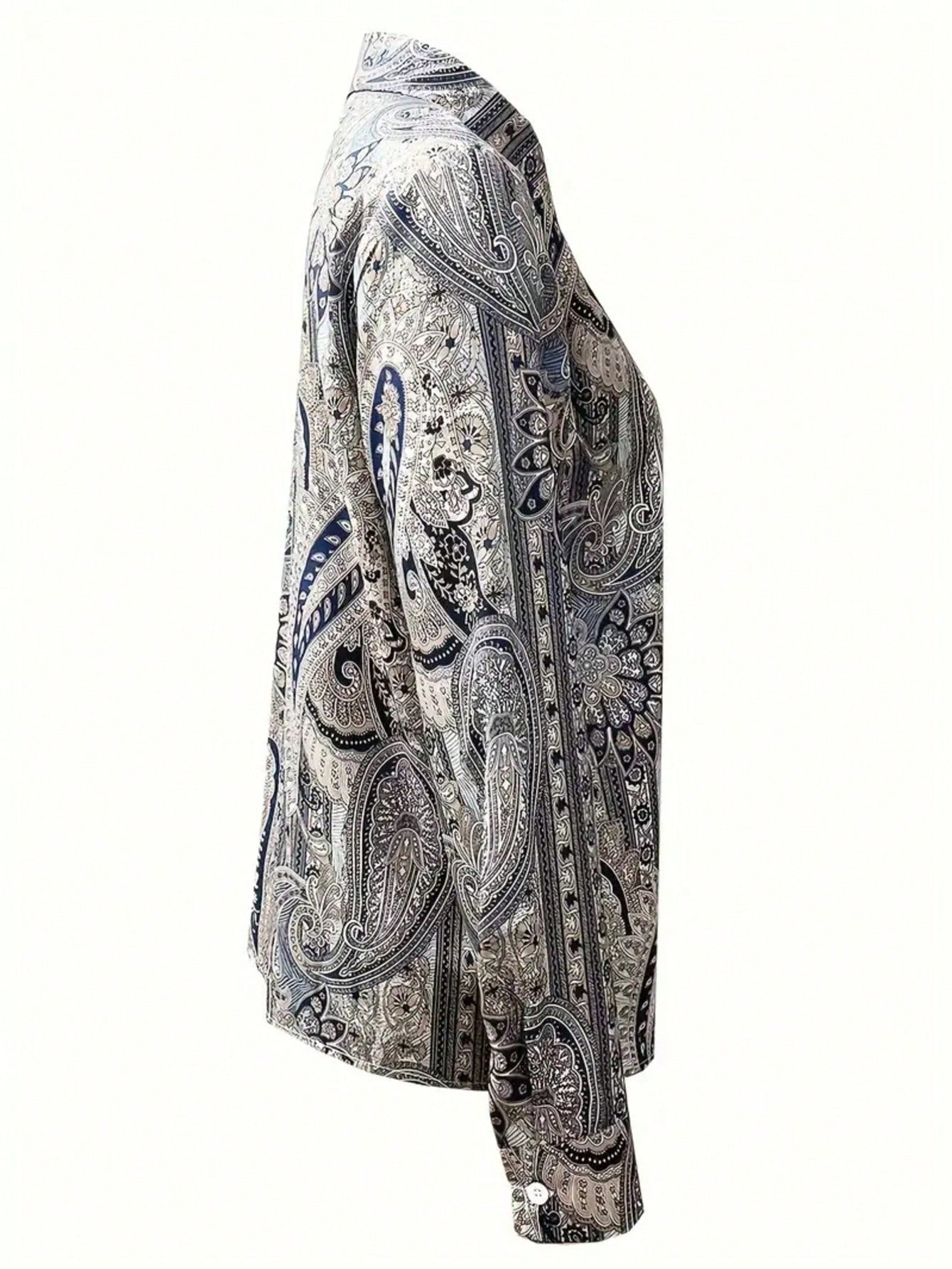 Plus Size Bohemian Paisley Printed Long Sleeve Button-Up Shirt Casual Vacation Spring