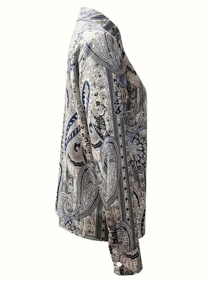Plus Size Bohemian Paisley Printed Long Sleeve Button-Up Shirt Casual Vacation Spring