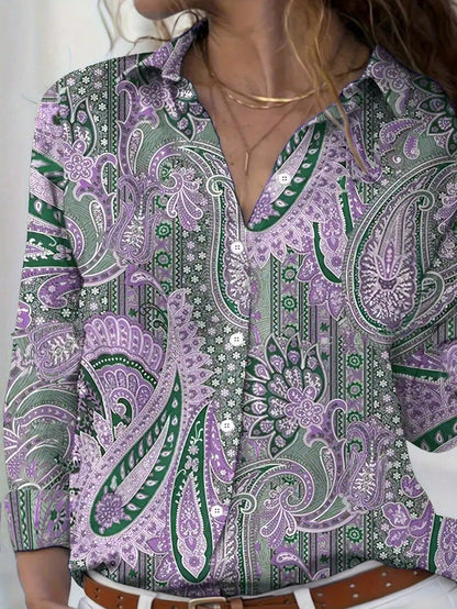 Plus Size Bohemian Paisley Printed Long Sleeve Button-Up Shirt Casual Vacation Spring