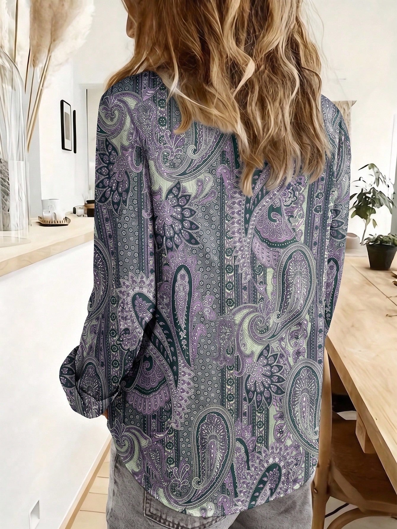 Plus Size Bohemian Paisley Printed Long Sleeve Button-Up Shirt Casual Vacation Spring