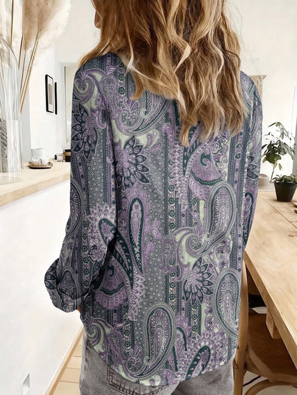 Plus Size Bohemian Paisley Printed Long Sleeve Button-Up Shirt Casual Vacation Spring