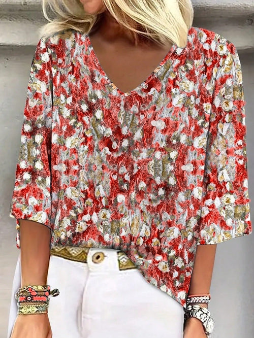 Plus Size Floral Print V-Neck 3/4 Sleeve T-Shirt, Women Casual Vacation & Daily Wear Top Spring Red