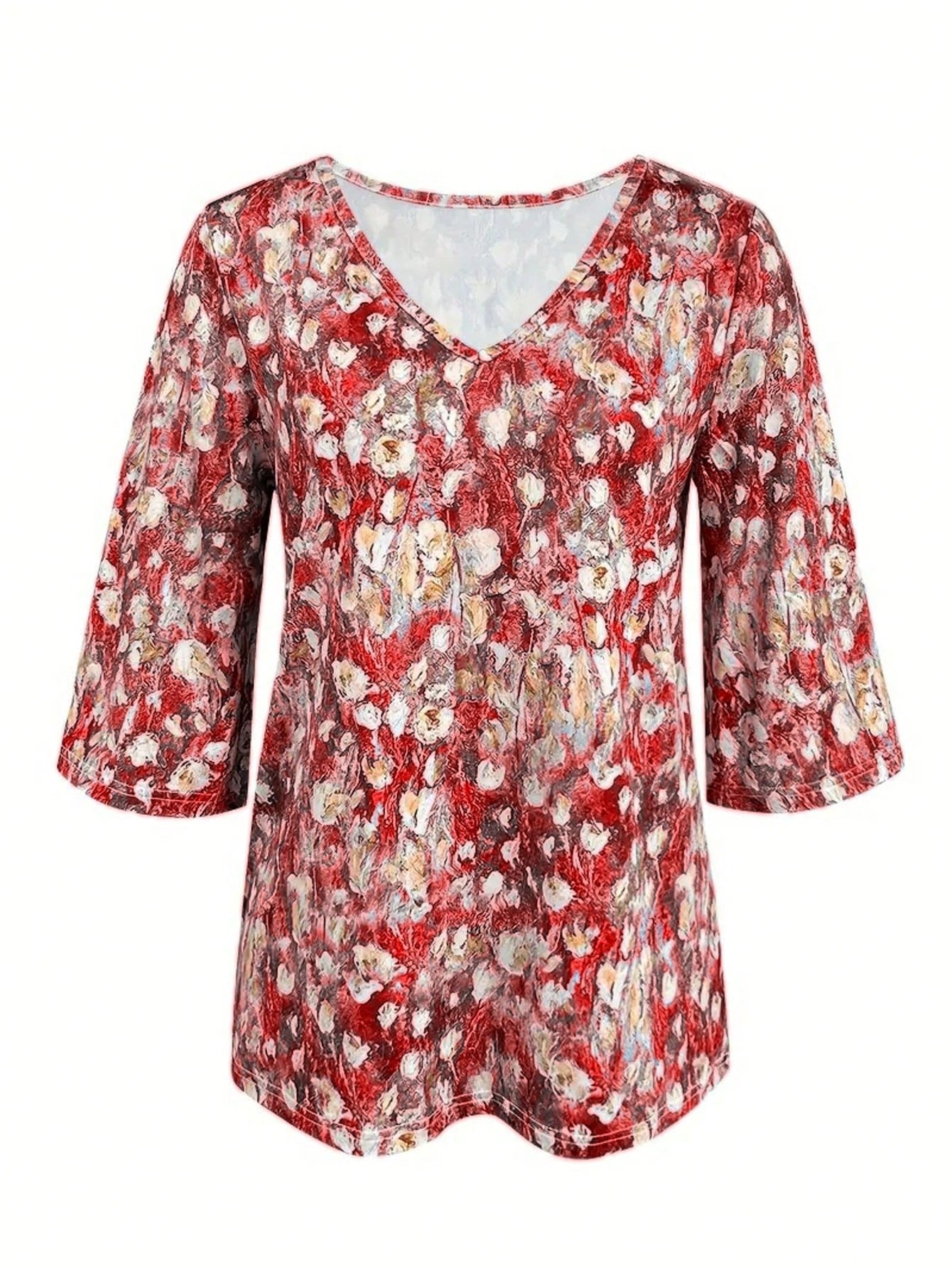 Plus Size Floral Print V-Neck 3/4 Sleeve T-Shirt, Women Casual Vacation & Daily Wear Top Spring Red