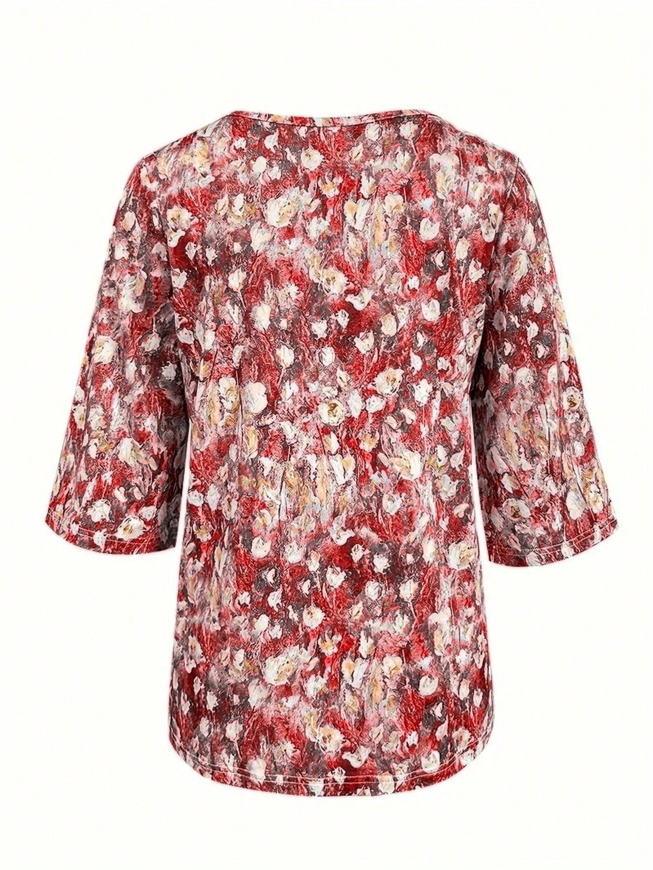 Plus Size Floral Print V-Neck 3/4 Sleeve T-Shirt, Women Casual Vacation & Daily Wear Top Spring Red