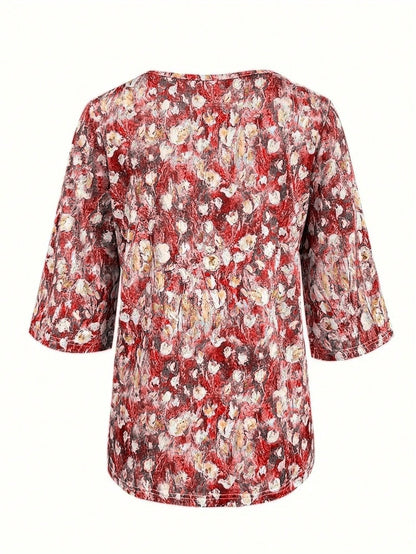 Plus Size Floral Print V-Neck 3/4 Sleeve T-Shirt, Women Casual Vacation & Daily Wear Top Spring Red