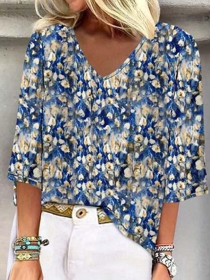 Plus Size Floral Print V-Neck 3/4 Sleeve T-Shirt, Women Casual Vacation & Daily Wear Top Spring Red