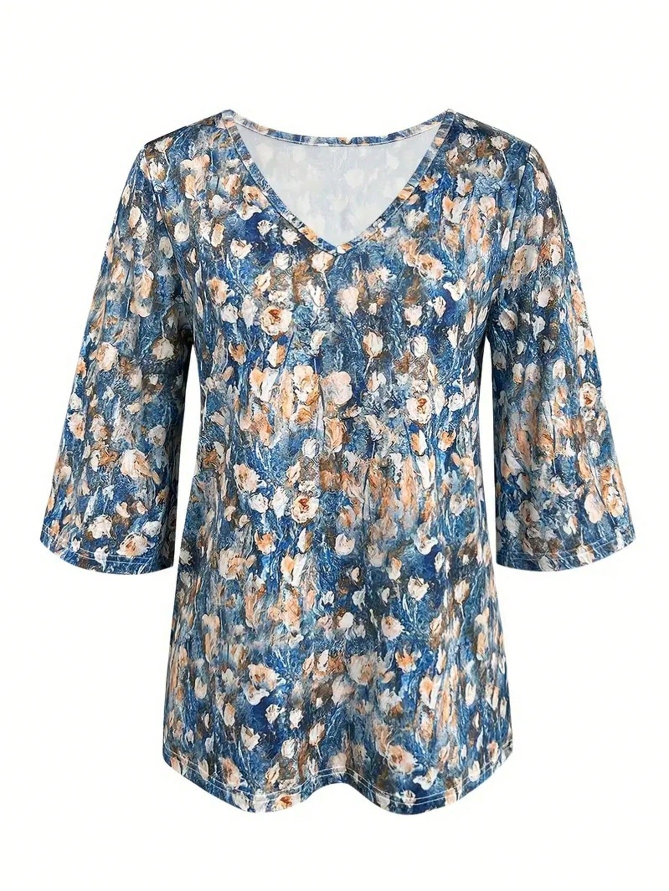 Plus Size Floral Print V-Neck 3/4 Sleeve T-Shirt, Women Casual Vacation & Daily Wear Top Spring Red