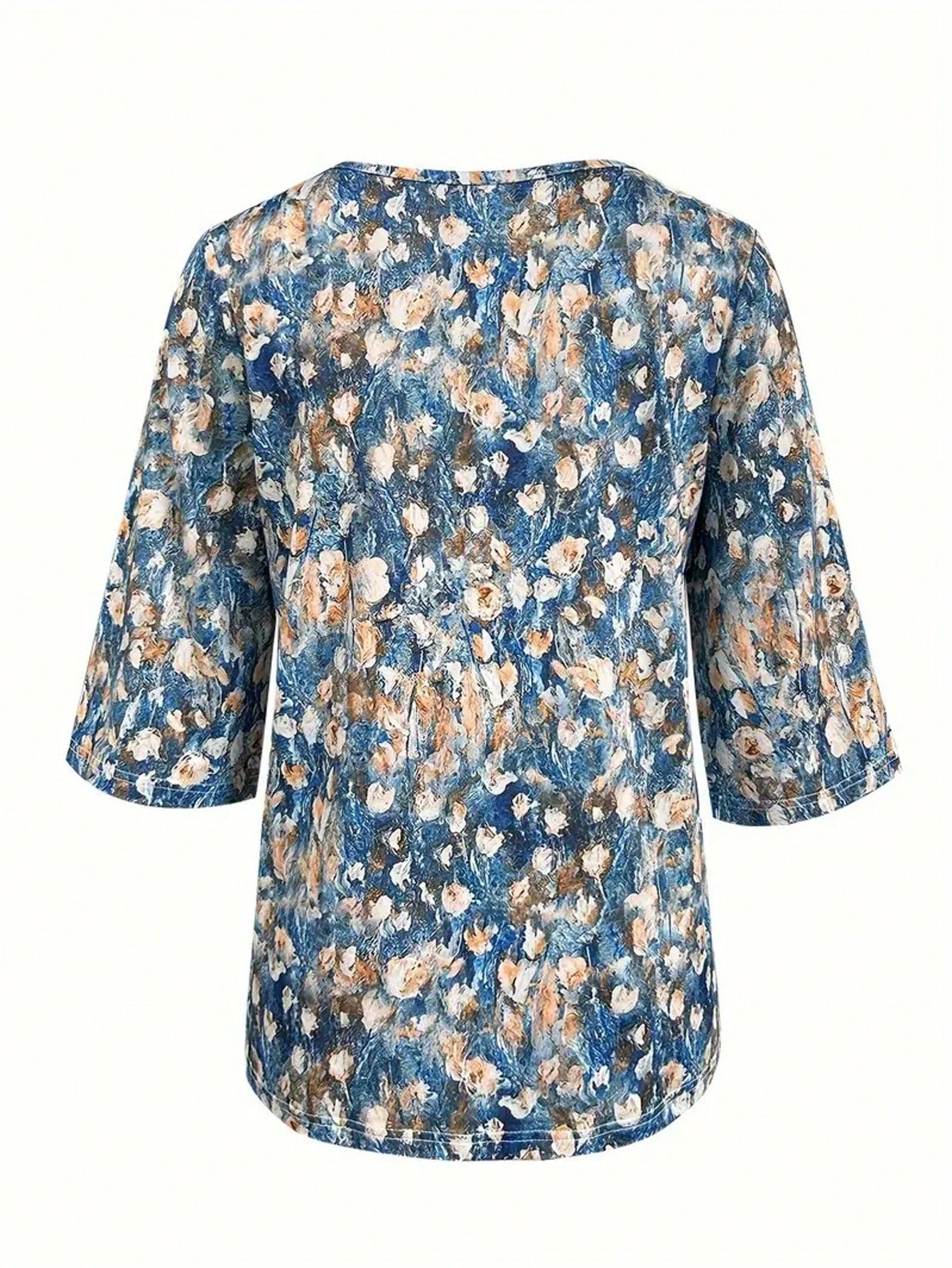 Plus Size Floral Print V-Neck 3/4 Sleeve T-Shirt, Women Casual Vacation & Daily Wear Top Spring Red