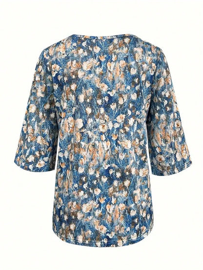 Plus Size Floral Print V-Neck 3/4 Sleeve T-Shirt, Women Casual Vacation & Daily Wear Top Spring Red