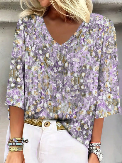 Plus Size Floral Print V-Neck 3/4 Sleeve T-Shirt, Women Casual Vacation & Daily Wear Top Spring Red