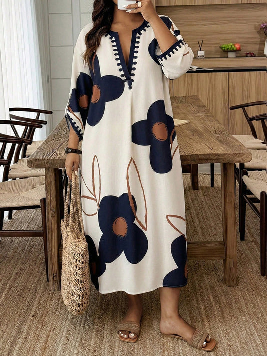 Plus Size Floral Print V-Neck Long Sleeve Casual Maxi Dress, Elegant Plus Size For Daily, Outing, Travel Wear, Spring/Summer Vacation