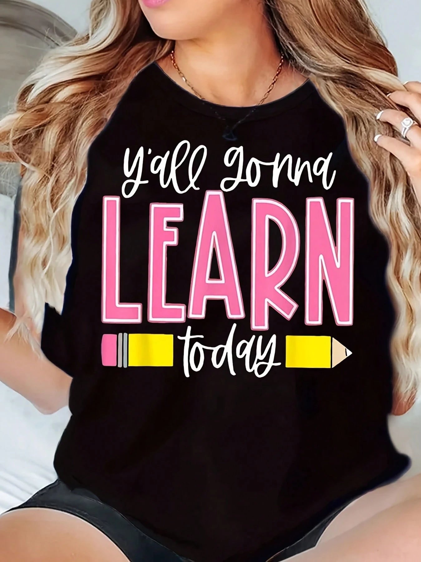 Plus Size Funny Teacher T-Shirt Women's Teacher T-Shirt Y'all Gonna Learn Today Graphic Tee With Stars- Back To Shirt- Plus Size Machine Washable, Casual Teaching Outfit, Fun Typography, Durable Co