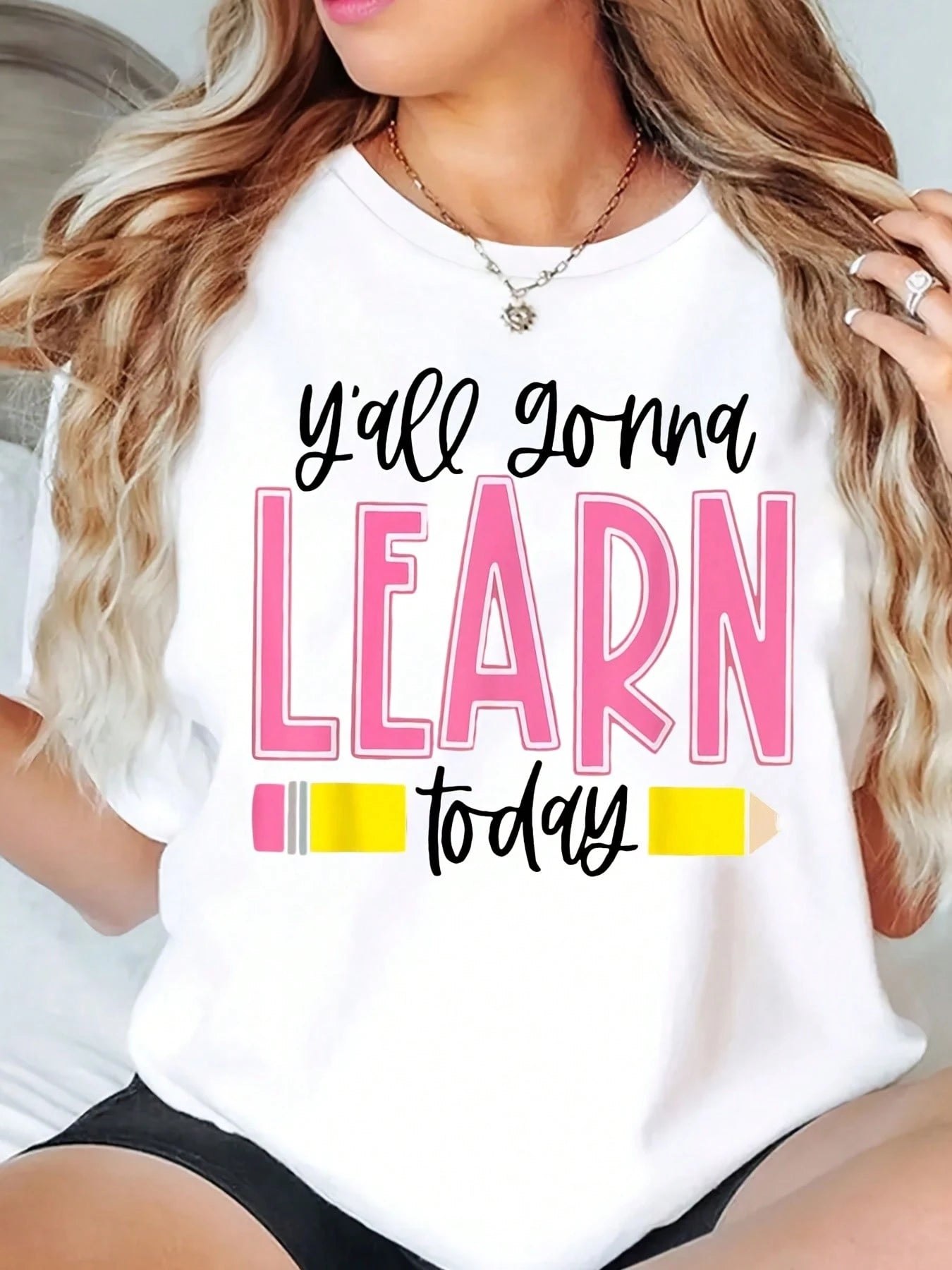Plus Size Funny Teacher T-Shirt Women's Teacher T-Shirt Y'all Gonna Learn Today Graphic Tee With Stars- Back To Shirt- Plus Size Machine Washable, Casual Teaching Outfit, Fun Typography, Durable Co