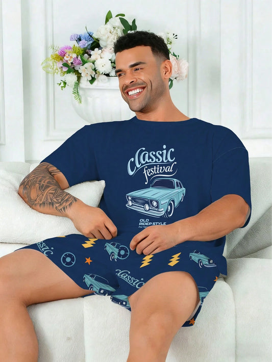 Plus Size Men's Pajama Set| Round Neck Short Sleeve Top And Elastic Waist Casual Shorts, 2 Pieces Set| Polyester Knit Fabric, Skin-Friendly Breathable Loose Fit| Cool Vintage Car Graphic Print Casu