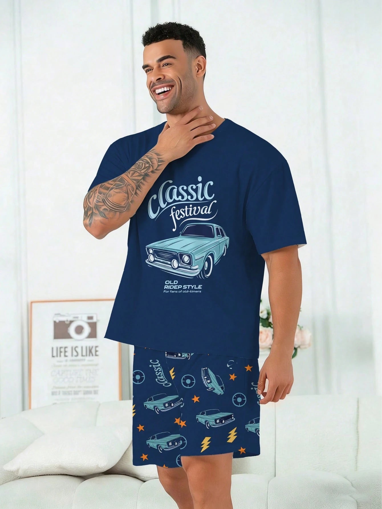 Plus Size Men's Pajama Set| Round Neck Short Sleeve Top And Elastic Waist Casual Shorts, 2 Pieces Set| Polyester Knit Fabric, Skin-Friendly Breathable Loose Fit| Cool Vintage Car Graphic Print Casu
