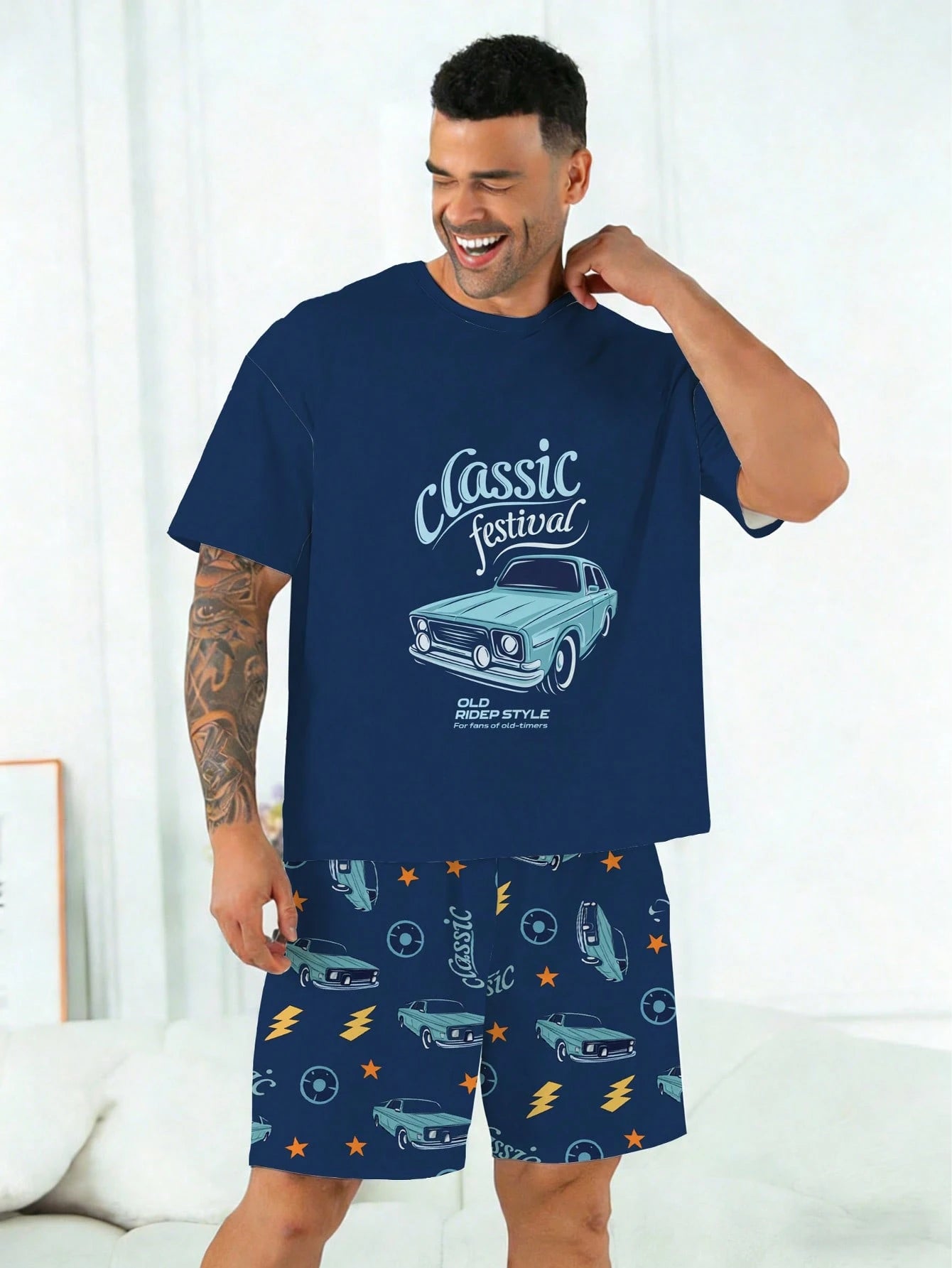 Plus Size Men's Pajama Set| Round Neck Short Sleeve Top And Elastic Waist Casual Shorts, 2 Pieces Set| Polyester Knit Fabric, Skin-Friendly Breathable Loose Fit| Cool Vintage Car Graphic Print Casu