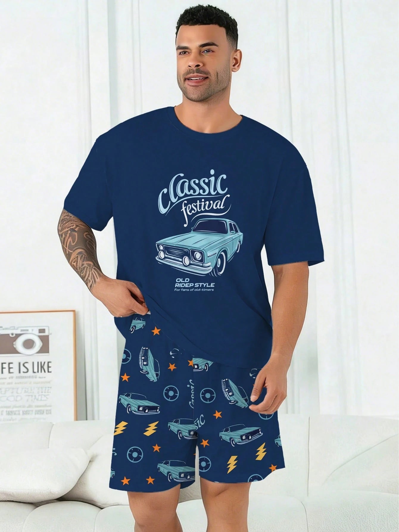 Plus Size Men's Pajama Set| Round Neck Short Sleeve Top And Elastic Waist Casual Shorts, 2 Pieces Set| Polyester Knit Fabric, Skin-Friendly Breathable Loose Fit| Cool Vintage Car Graphic Print Casu
