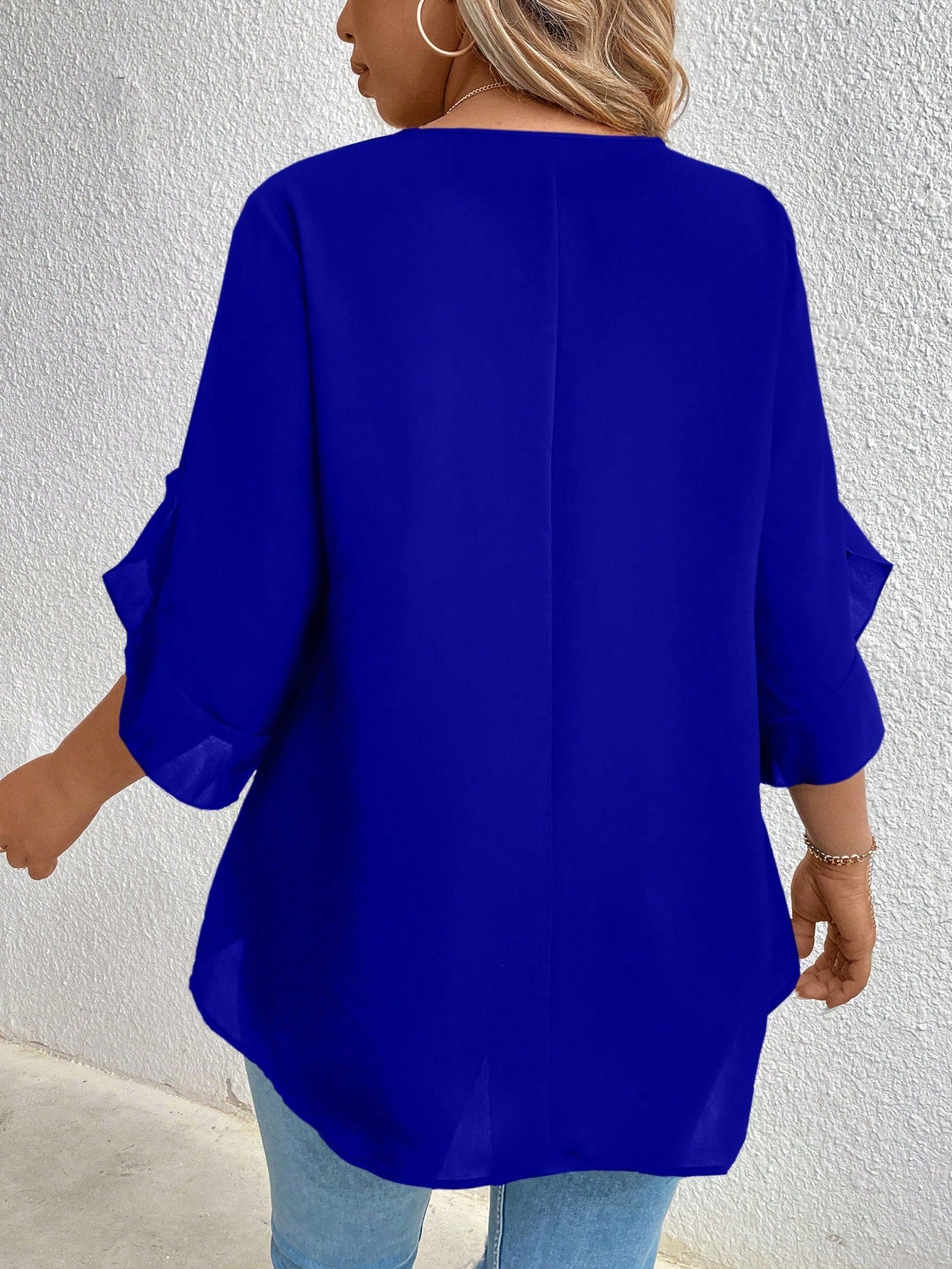 Plus-Size Solid Color Round Collar Ruffle Sleeve Casual Shirt Fall