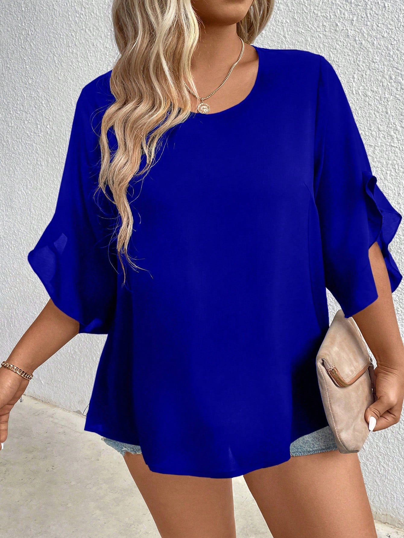 Plus-Size Solid Color Round Collar Ruffle Sleeve Casual Shirt Fall
