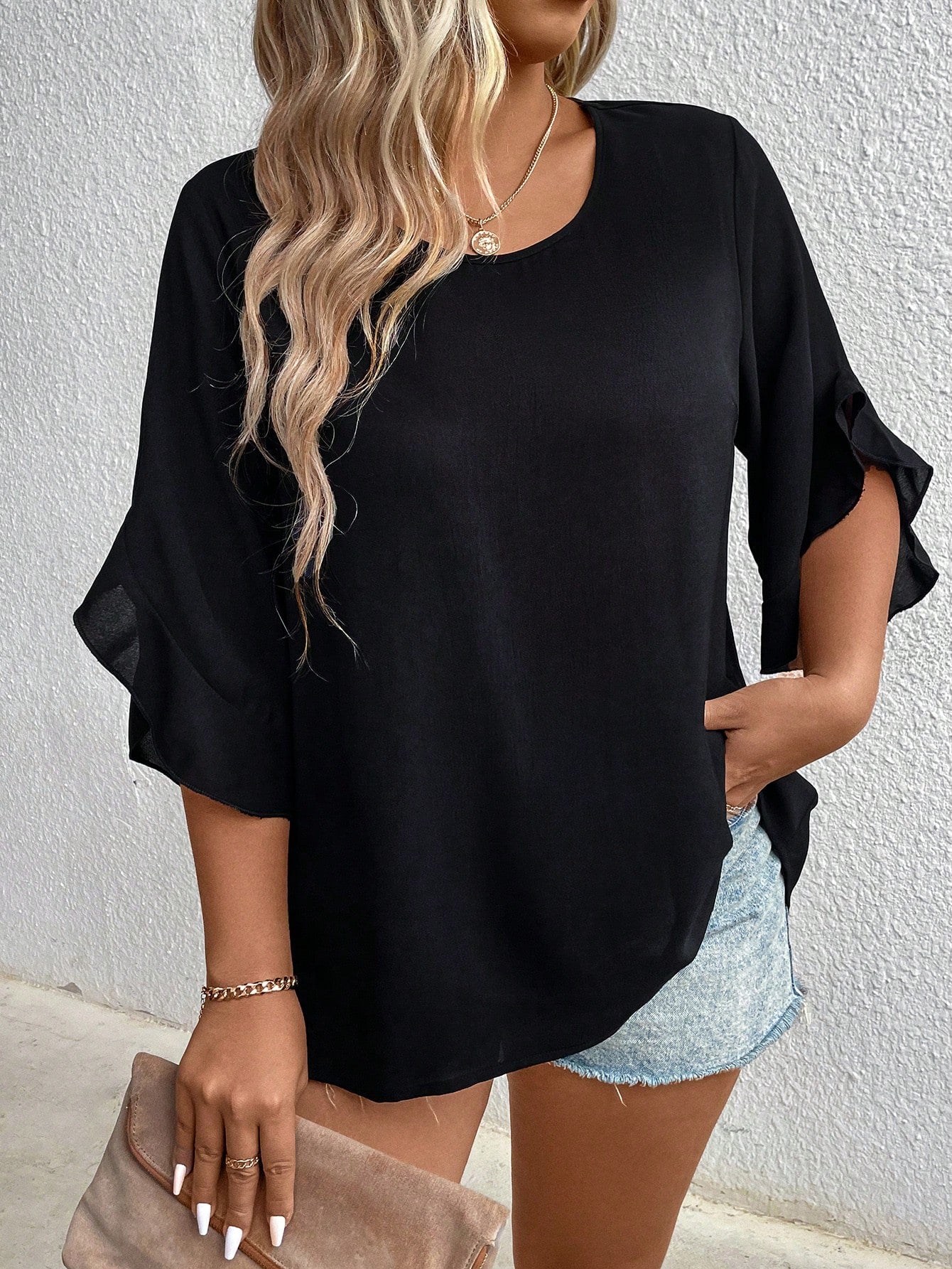 Plus-Size Solid Color Round Collar Ruffle Sleeve Casual Shirt Fall