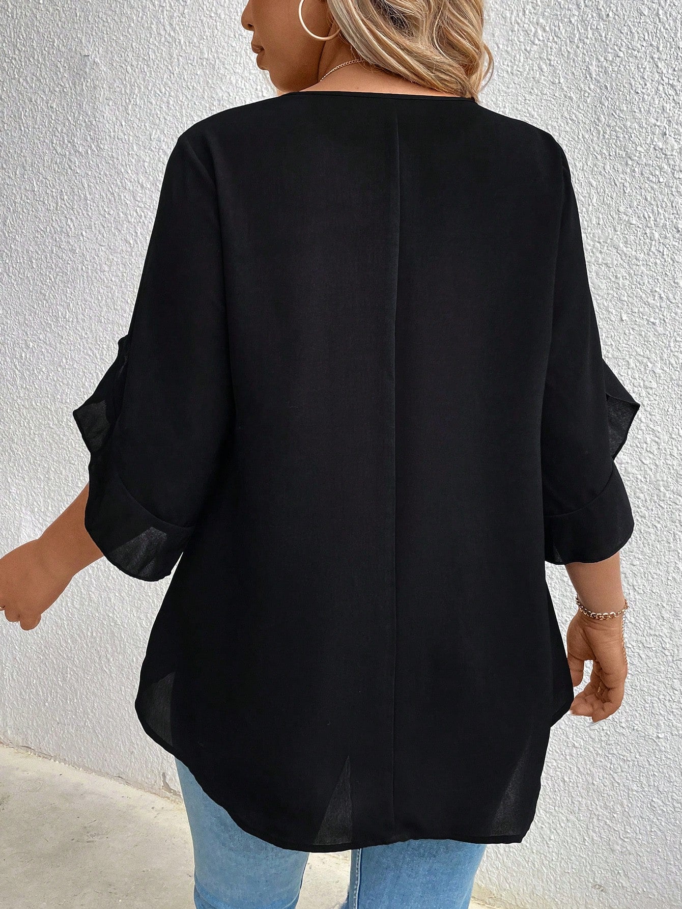 Plus-Size Solid Color Round Collar Ruffle Sleeve Casual Shirt Fall