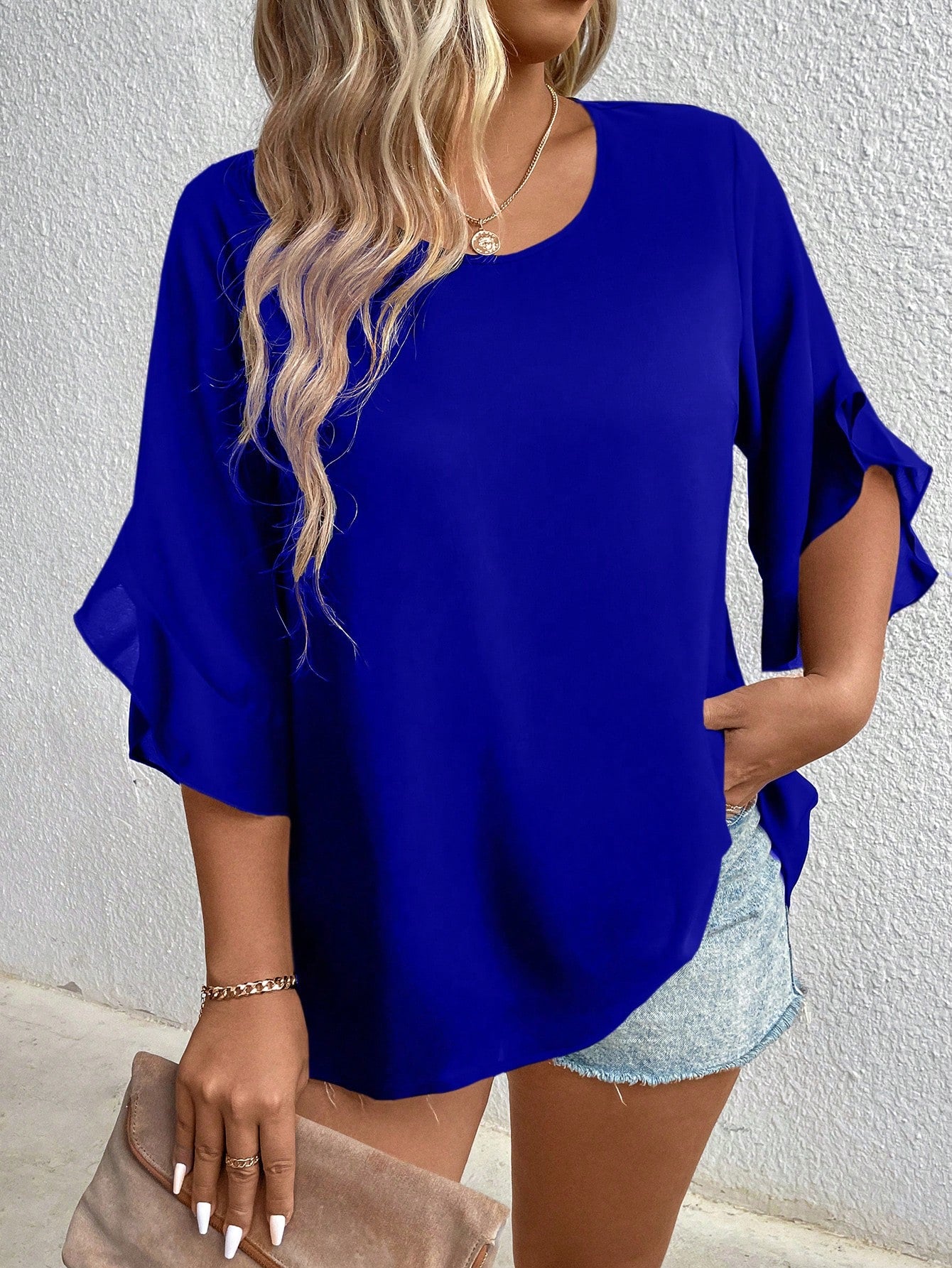 Plus-Size Solid Color Round Collar Ruffle Sleeve Casual Shirt Fall