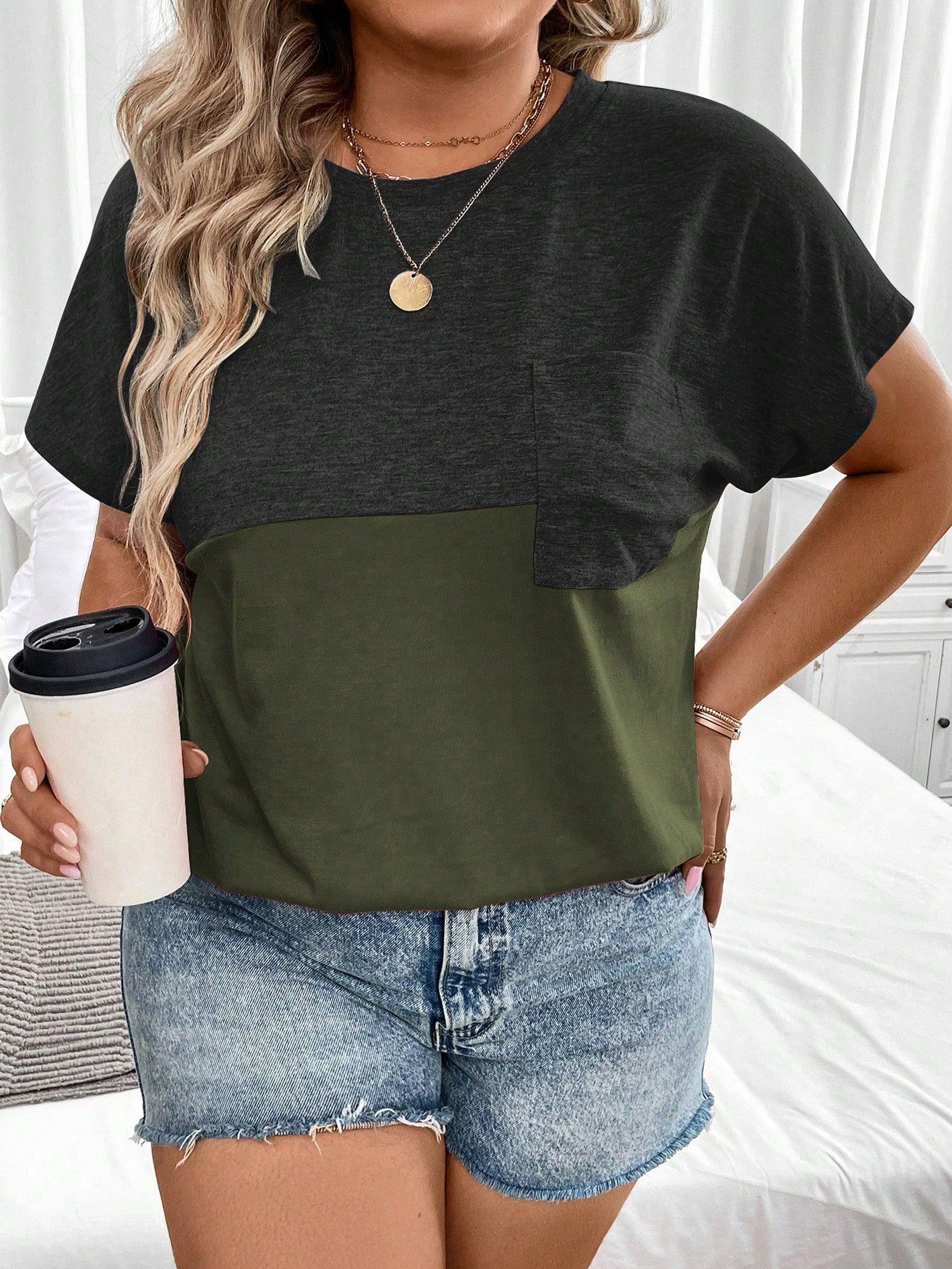 Plus Size Summer Casual Colorblock Batwing Sleeve T-Shirt Graphic Tees Women Tops