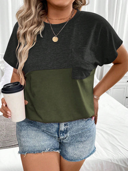 Plus Size Summer Casual Colorblock Batwing Sleeve T-Shirt Graphic Tees Women Tops