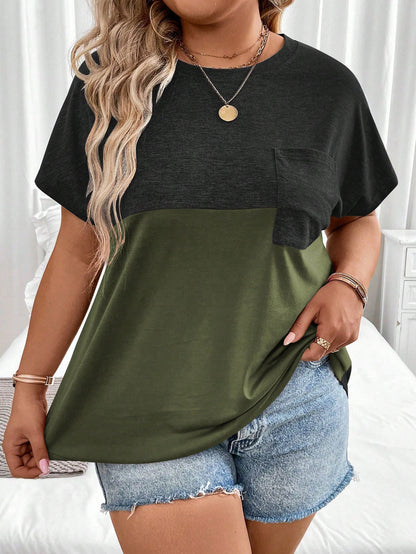 Plus Size Summer Casual Colorblock Batwing Sleeve T-Shirt Graphic Tees Women Tops