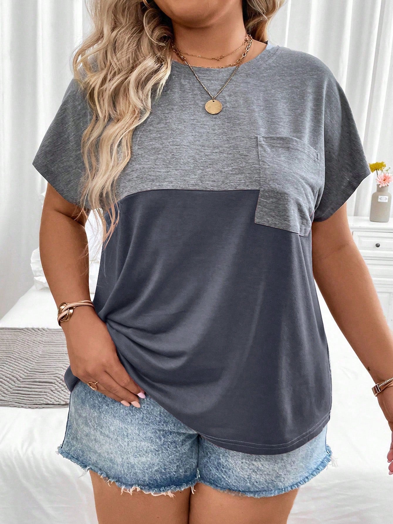 Plus Size Summer Casual Colorblock Batwing Sleeve T-Shirt Graphic Tees Women Tops