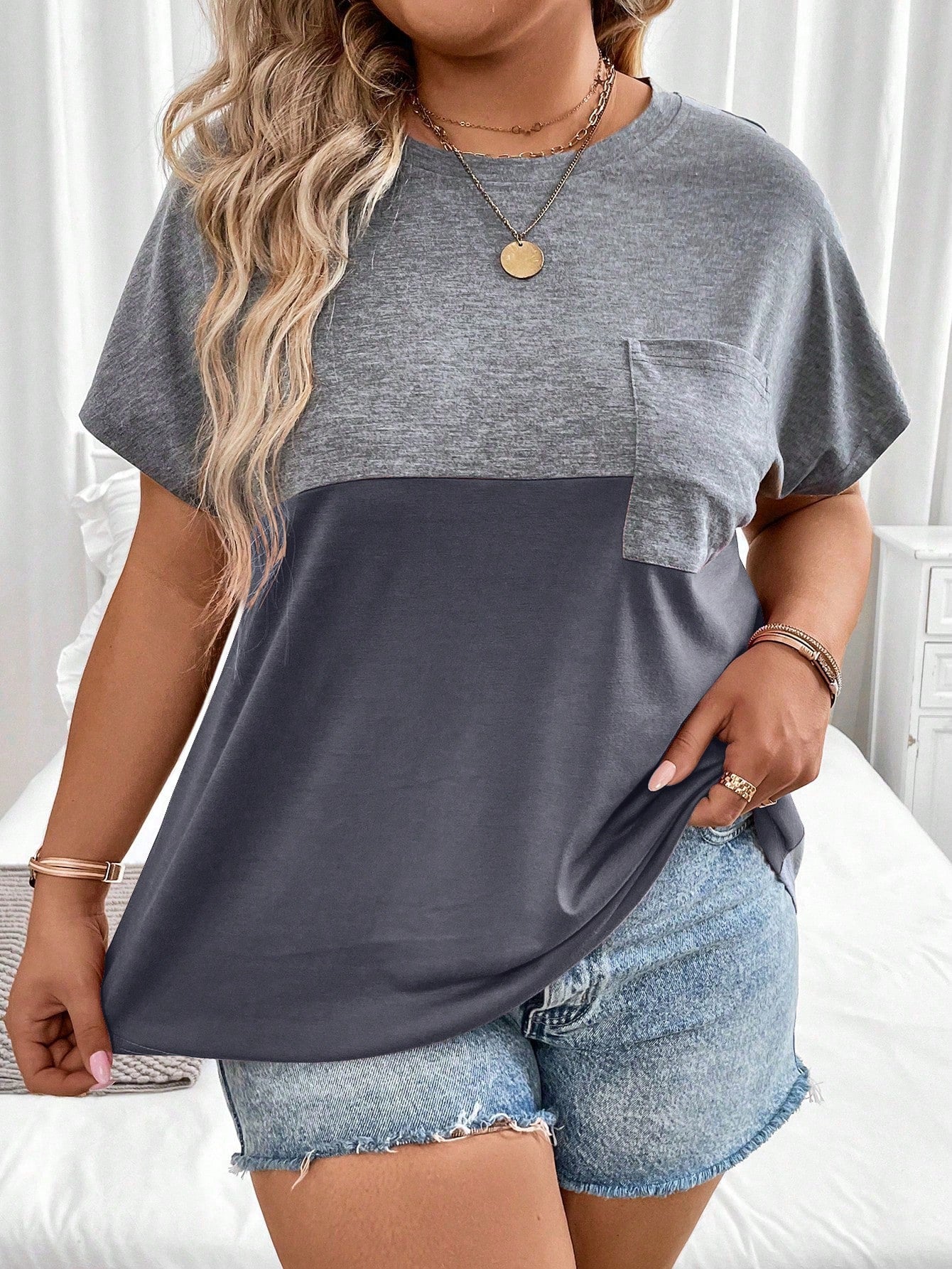 Plus Size Summer Casual Colorblock Batwing Sleeve T-Shirt Graphic Tees Women Tops